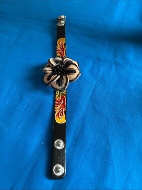 Homemade Leather Snap Bracelet with Beige Flower